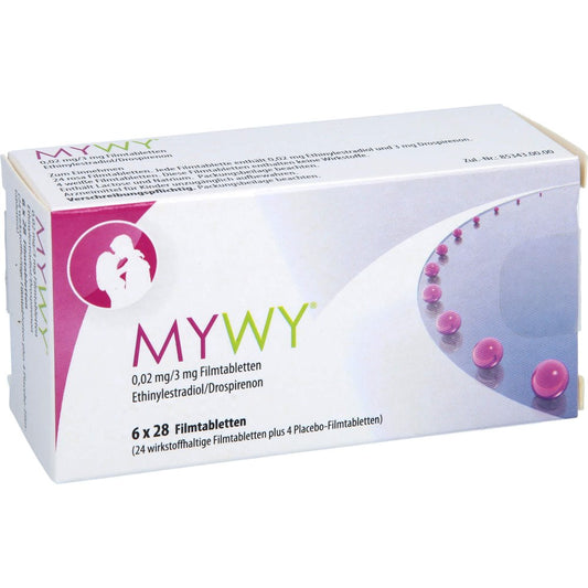 Das Produktfoto zeigt Mywy 0,02 Mg/3 Mg Filmtabletten (6X28 stk) PZN 09920989