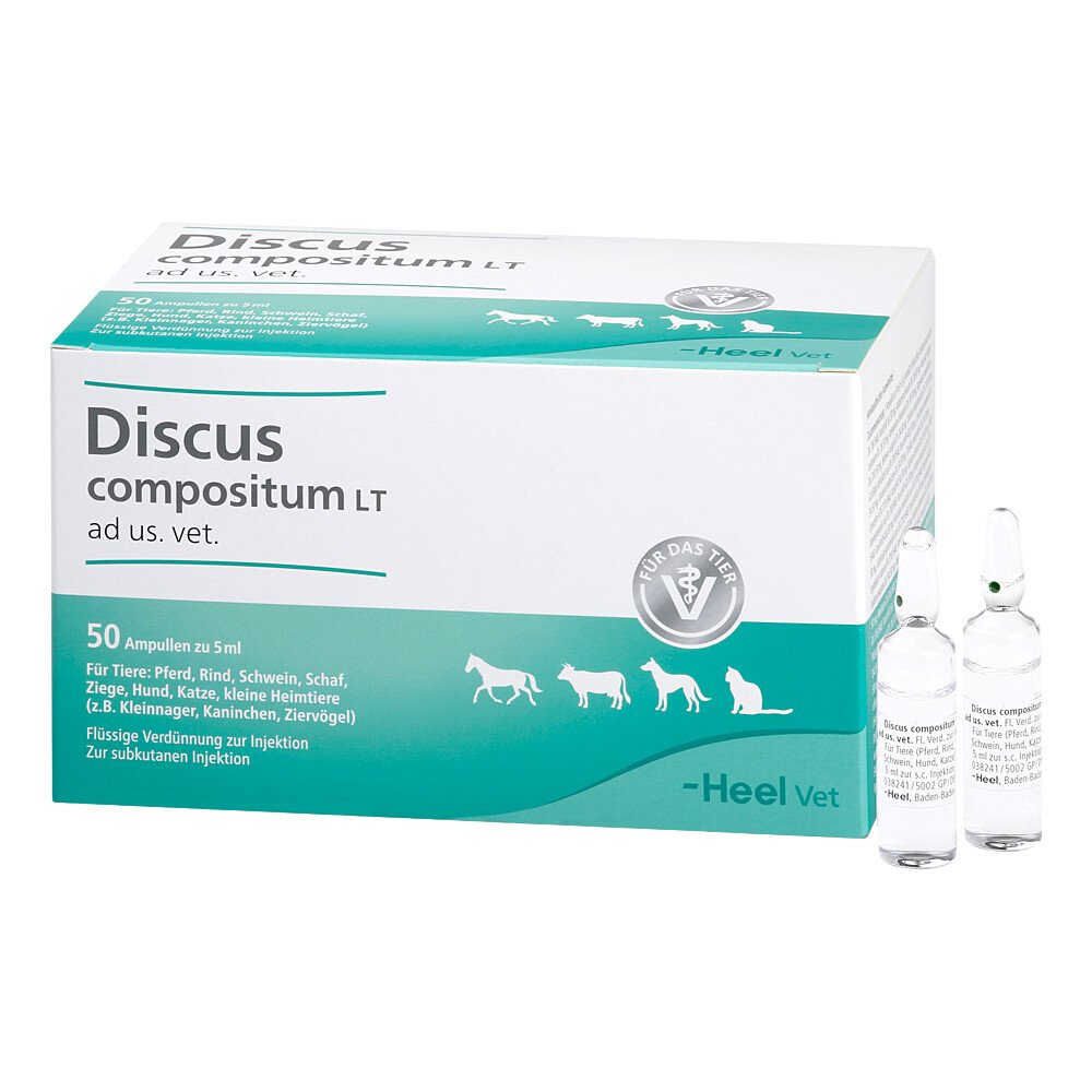 Das Produktfoto zeigt Discus Compositum Lt Ad Us.Vet.Ampullen (50 stk) PZN 09921322