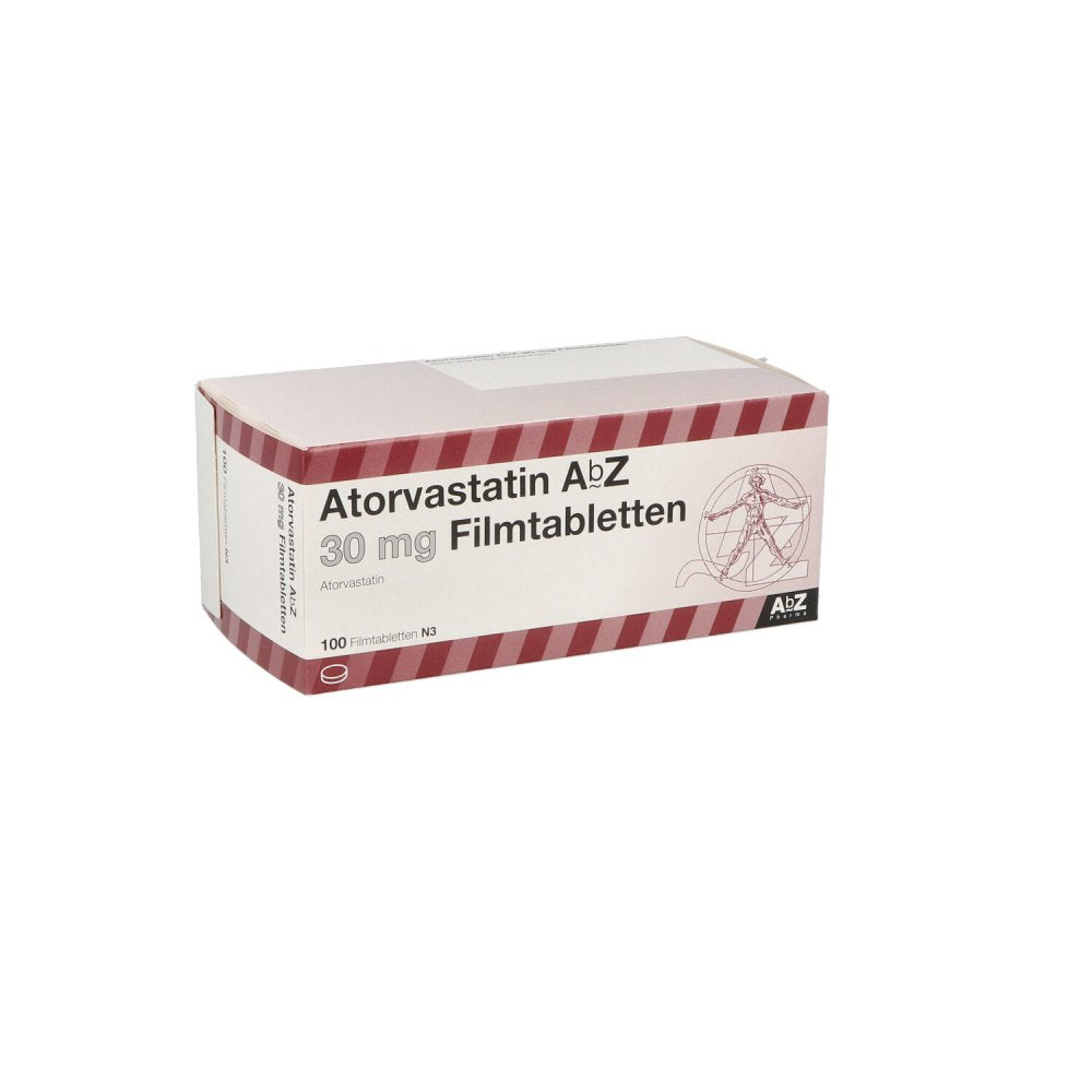 Das Produktfoto zeigt Atorvastatin Abz 30 Mg Filmtabletten (100 stk) PZN 09924591