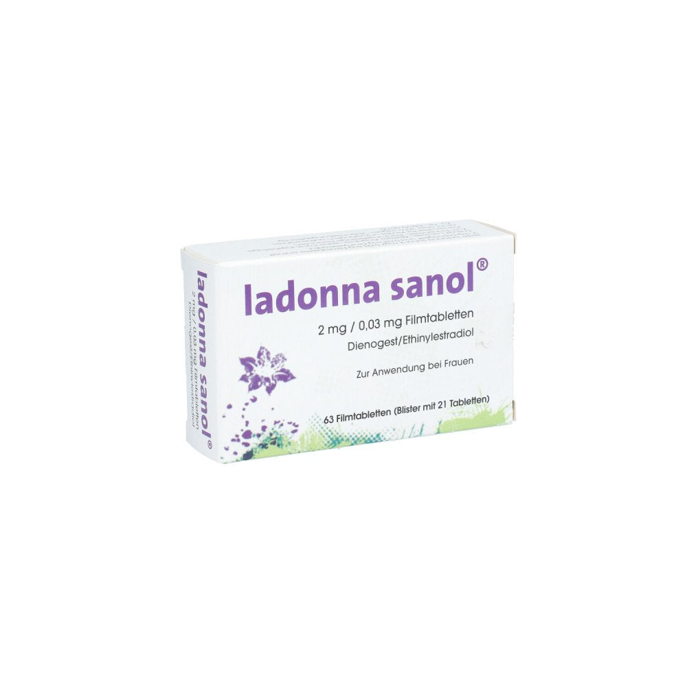 Das Produktfoto zeigt Ladonna Sanol 2 Mg/0,03 Mg Filmtabletten (63 stk) PZN 09941744