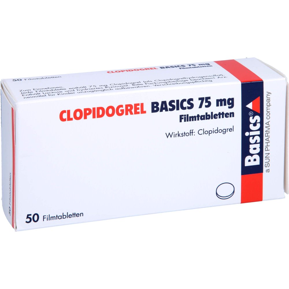Das Produktfoto zeigt Clopidogrel Basics 75 Mg Filmtabletten (50 stk) PZN 09942442