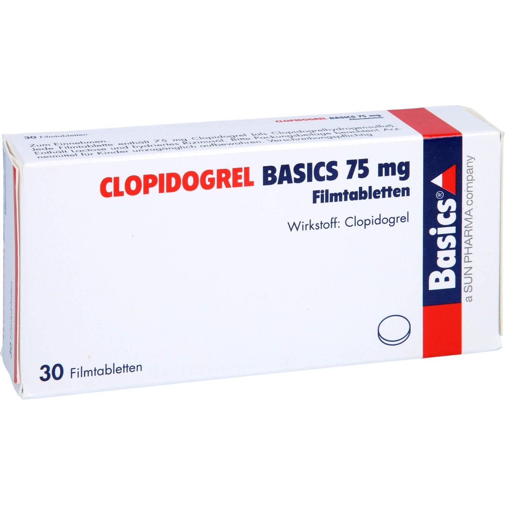 Das Produktfoto zeigt Clopidogrel Basics 75 Mg Filmtabletten (30 stk) PZN 09942459