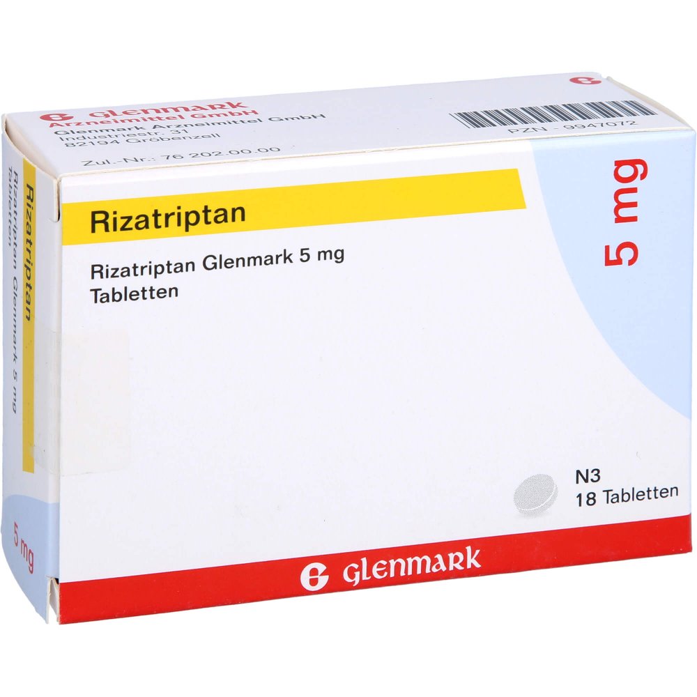 Das Produktfoto zeigt Rizatriptan Glenmark 5 Mg Tabletten (18 stk) PZN 09947072