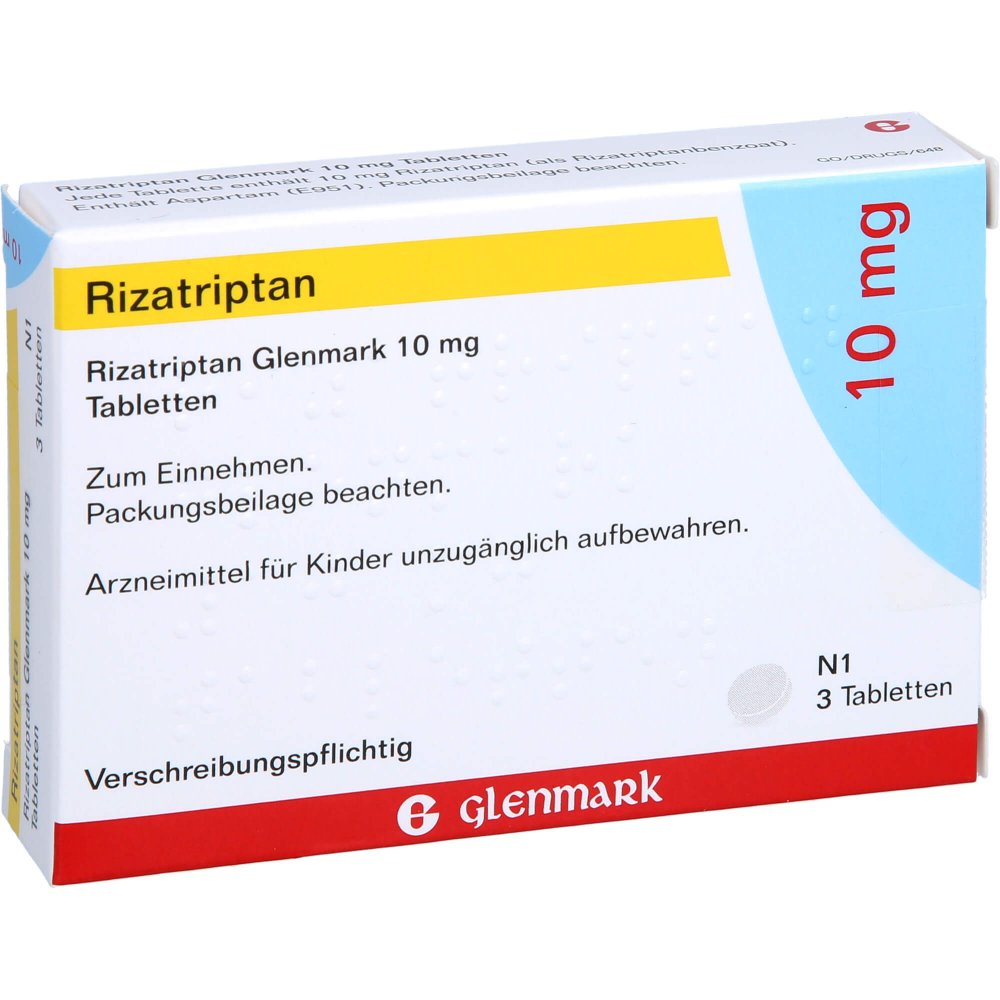 Das Produktfoto zeigt Rizatriptan Glenmark 10 Mg Tabletten (3 stk) PZN 09947089