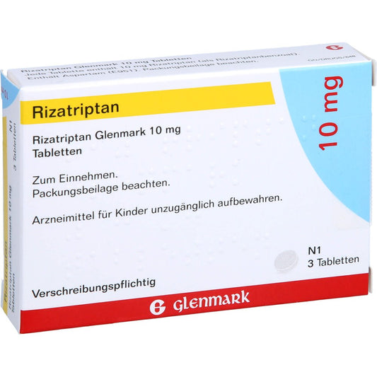 Das Produktfoto zeigt Rizatriptan Glenmark 10 Mg Tabletten (3 stk) PZN 09947089