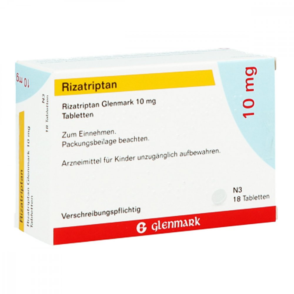 Das Produktfoto zeigt Rizatriptan Glenmark 10 Mg Tabletten (18 stk) PZN 09947103