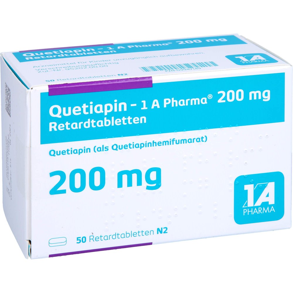 Das Produktfoto zeigt Quetiapin-1a Pharma 200 Mg Retardtabletten (50 stk) PZN 09947149