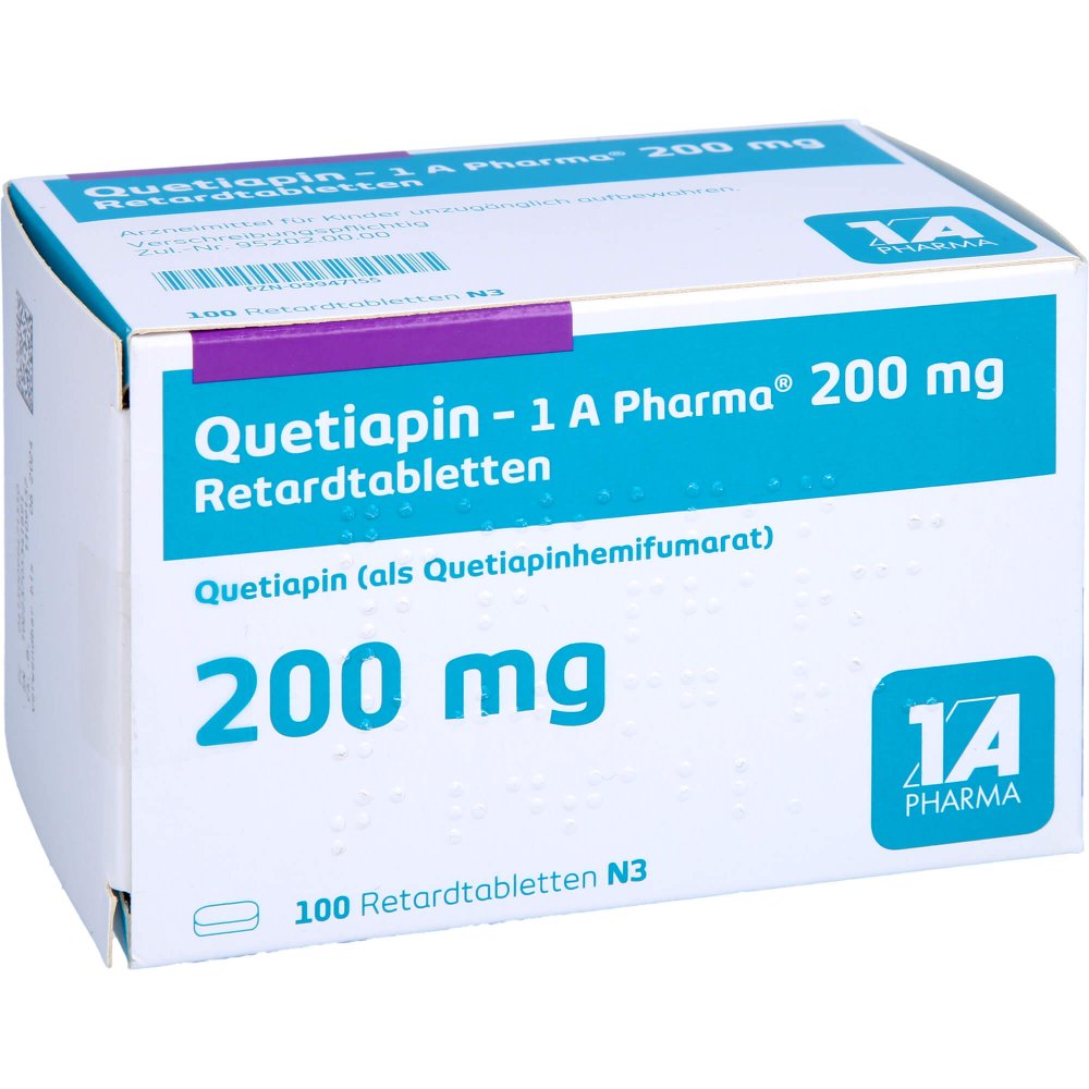 Das Produktfoto zeigt Quetiapin-1a Pharma 200 Mg Retardtabletten (100 stk) PZN 09947155