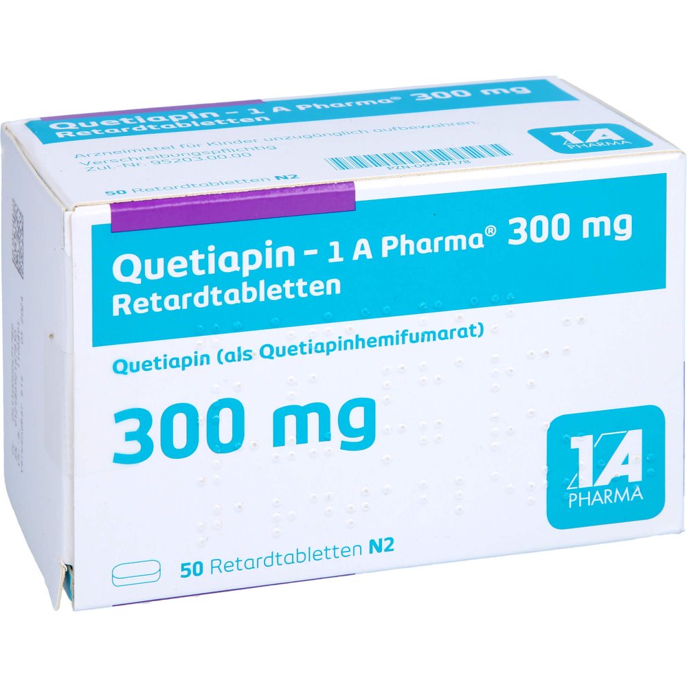Das Produktfoto zeigt Quetiapin-1a Pharma 300 Mg Retardtabletten (50 stk) PZN 09947178