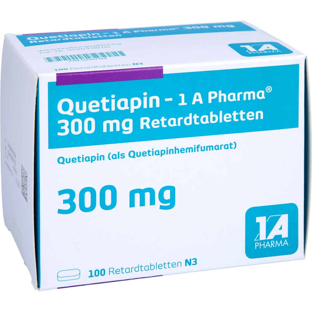 Das Produktfoto zeigt Quetiapin-1a Pharma 300 Mg Retardtabletten (100 stk) PZN 09947184