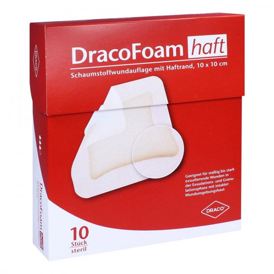 Das Produktfoto zeigt Dracofoam Haft Schaumstoff Wundaufl.10x10 Cm (10 stk) PZN 10003123