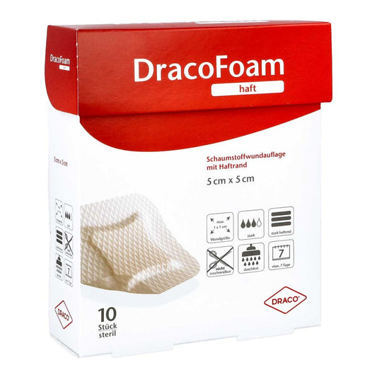 Das Produktfoto zeigt Dracofoam Haft Schaumstoff Wundaufl.5x5 Cm (10 stk) PZN 10003146
