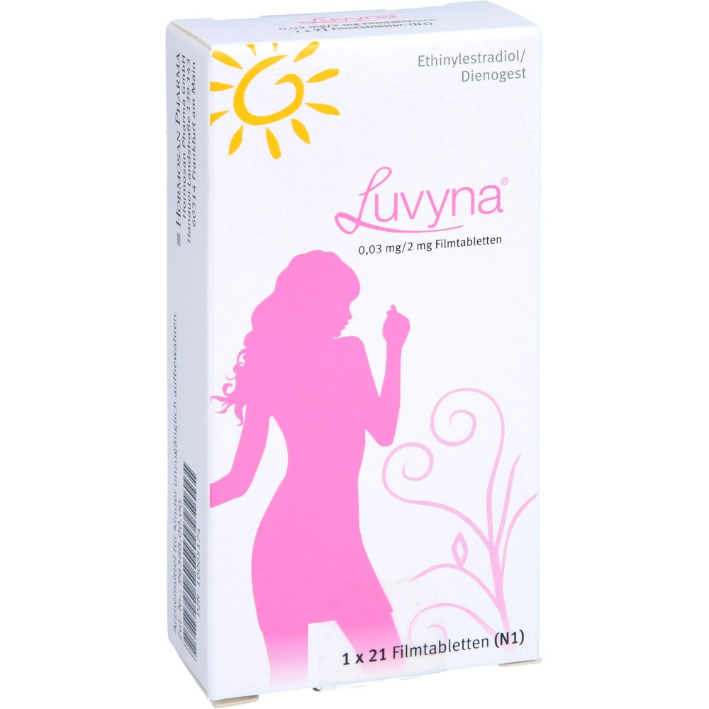 Das Produktfoto zeigt Luvyna 0,03 Mg/2 Mg Filmtabletten (1X21 stk) PZN 10005174