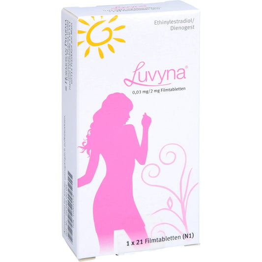 Das Produktfoto zeigt Luvyna 0,03 Mg/2 Mg Filmtabletten (1X21 stk) PZN 10005174