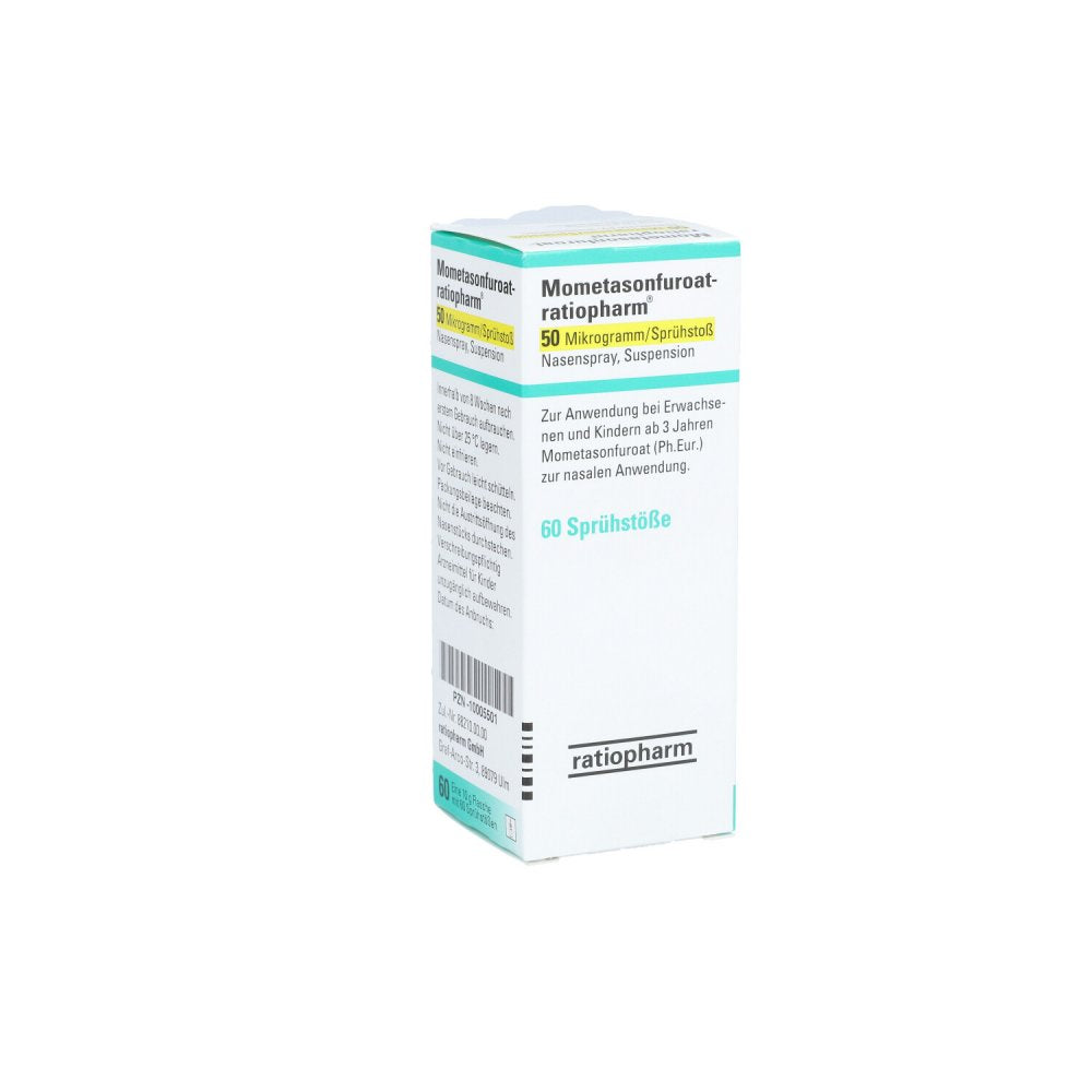 Das Produktfoto zeigt Mometasonfuroat-Ratiopharm 50μg/Sprühst.60 Spr.St. (10 g) PZN 10005501