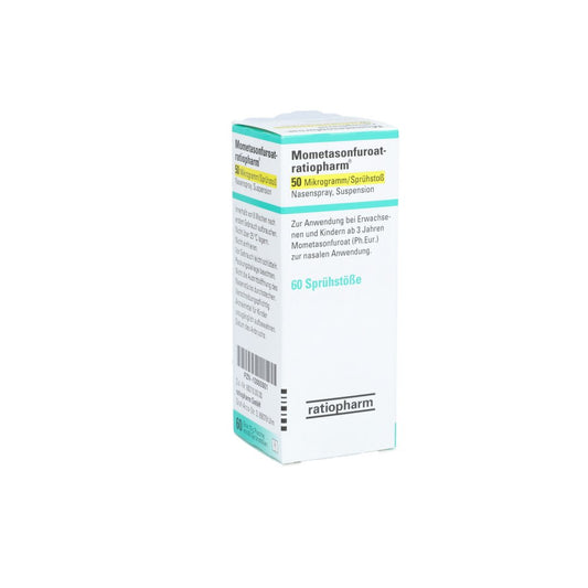 Das Produktfoto zeigt Mometasonfuroat-Ratiopharm 50μg/Sprühst.60 Spr.St. (10 g) PZN 10005501