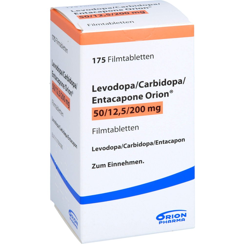 Das Produktfoto zeigt Levodopa/Carbidopa/Entacapone Orion 50/12,5/200 (175 stk) PZN 10018260