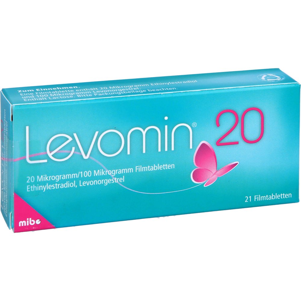 Das Produktfoto zeigt Levomin 20 20 Mikrogramm/100 Mikrogramm Filmtabl. (21 stk) PZN 10020802