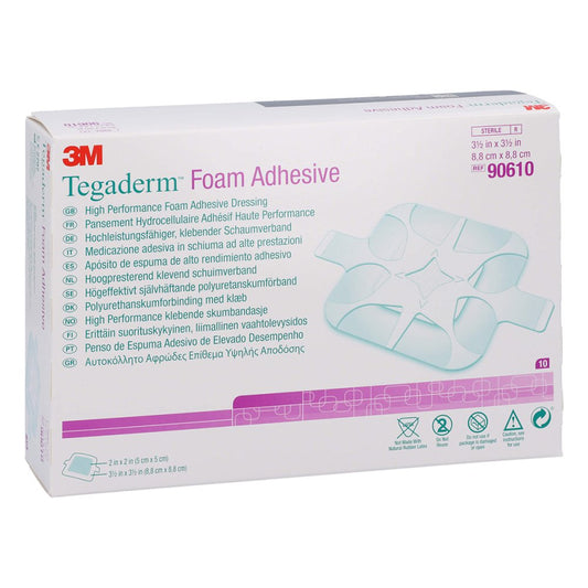 Das Produktfoto zeigt Tegaderm 3m Foam Adhesive 8,8x8,8 Cm 90610 (10 stk) PZN 10032432