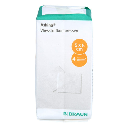 Das Produktfoto zeigt Askina Vliesstoffkompr.Unsteril 5x5 Cm 4fach (100 stk) PZN 10041075