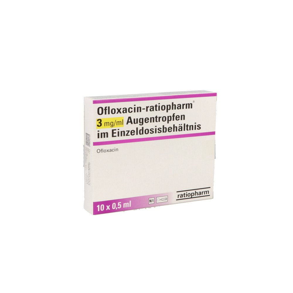 Das Produktfoto zeigt Ofloxacin-Ratiopharm 3 Mg/Ml Atr.I.Einzeldosisbeh. (10X0.5 ml) PZN 10041767