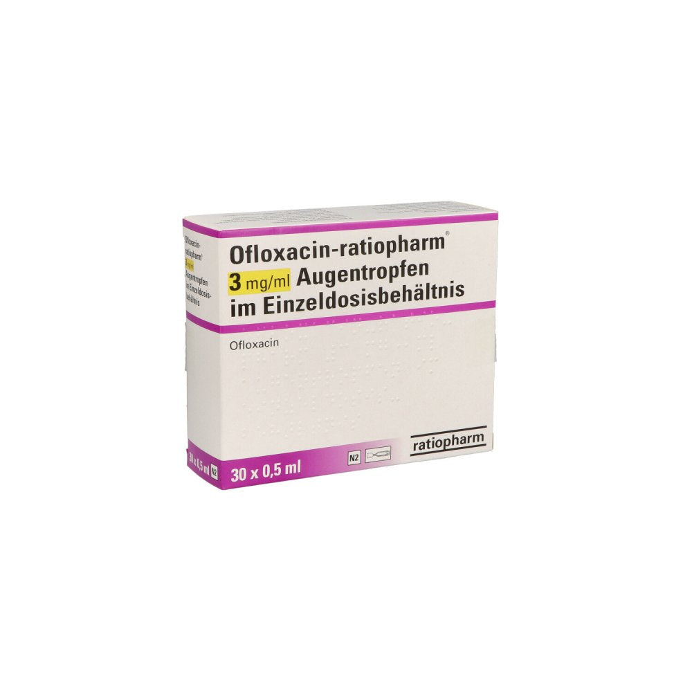 Das Produktfoto zeigt Ofloxacin-Ratiopharm 3 Mg/Ml Atr.I.Einzeldosisbeh. (30X0.5 ml) PZN 10041773