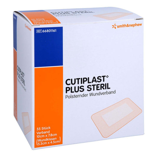 Das Produktfoto zeigt Cutiplast Plus Steril 7,8x10 Cm Verband (55 stk) PZN 10046115