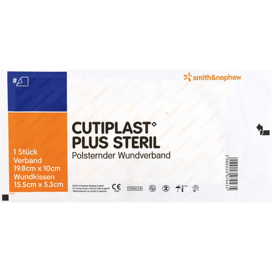 Das Produktfoto zeigt Cutiplast Plus Steril 10x19,8 Cm Verband (1 stk) PZN 10046144