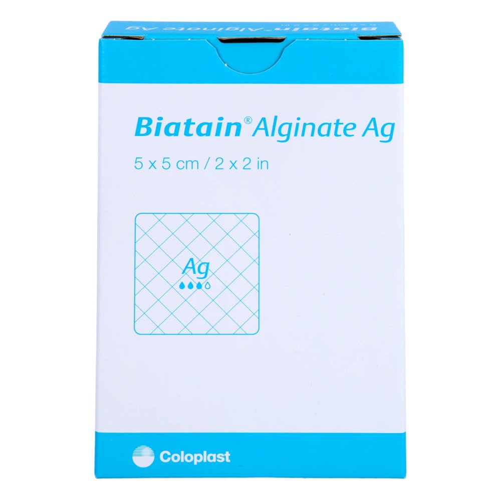 Das Produktfoto zeigt Biatain Alginate Ag Kompressen 5x5 Cm Mit Silber (10 stk) PZN 10046322