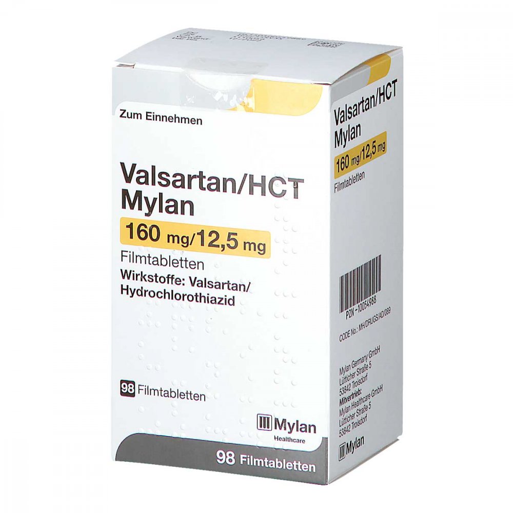 Das Produktfoto zeigt Valsartan/Hct Mylan 160 Mg/12,5 Mg Filmtabletten (98 stk) PZN 10054988