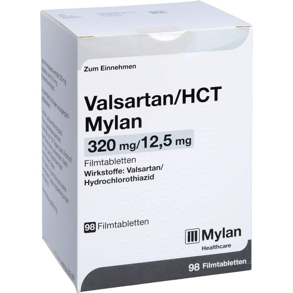 Das Produktfoto zeigt Valsartan/Hct Mylan 320 Mg/12,5 Mg Filmtabletten (98 stk) PZN 10055025