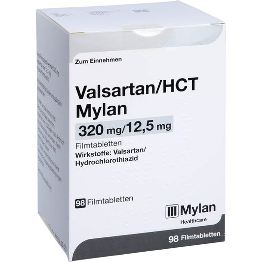 Das Produktfoto zeigt Valsartan/Hct Mylan 320 Mg/12,5 Mg Filmtabletten (98 stk) PZN 10055025