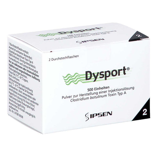 Das Produktfoto zeigt Dysport 500 Einheiten Pulver Z.Herst.E.Inj.-Lsg. (2 stk) PZN 10056579