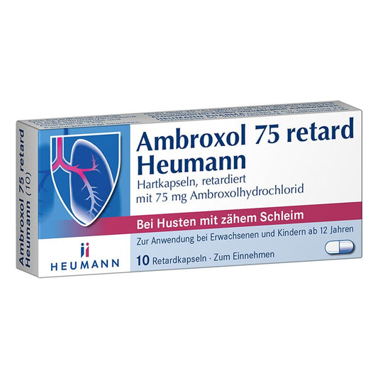 Das Produktfoto zeigt Ambroxol 75 Retard Heumann Kapseln (10 stk) PZN 10061592