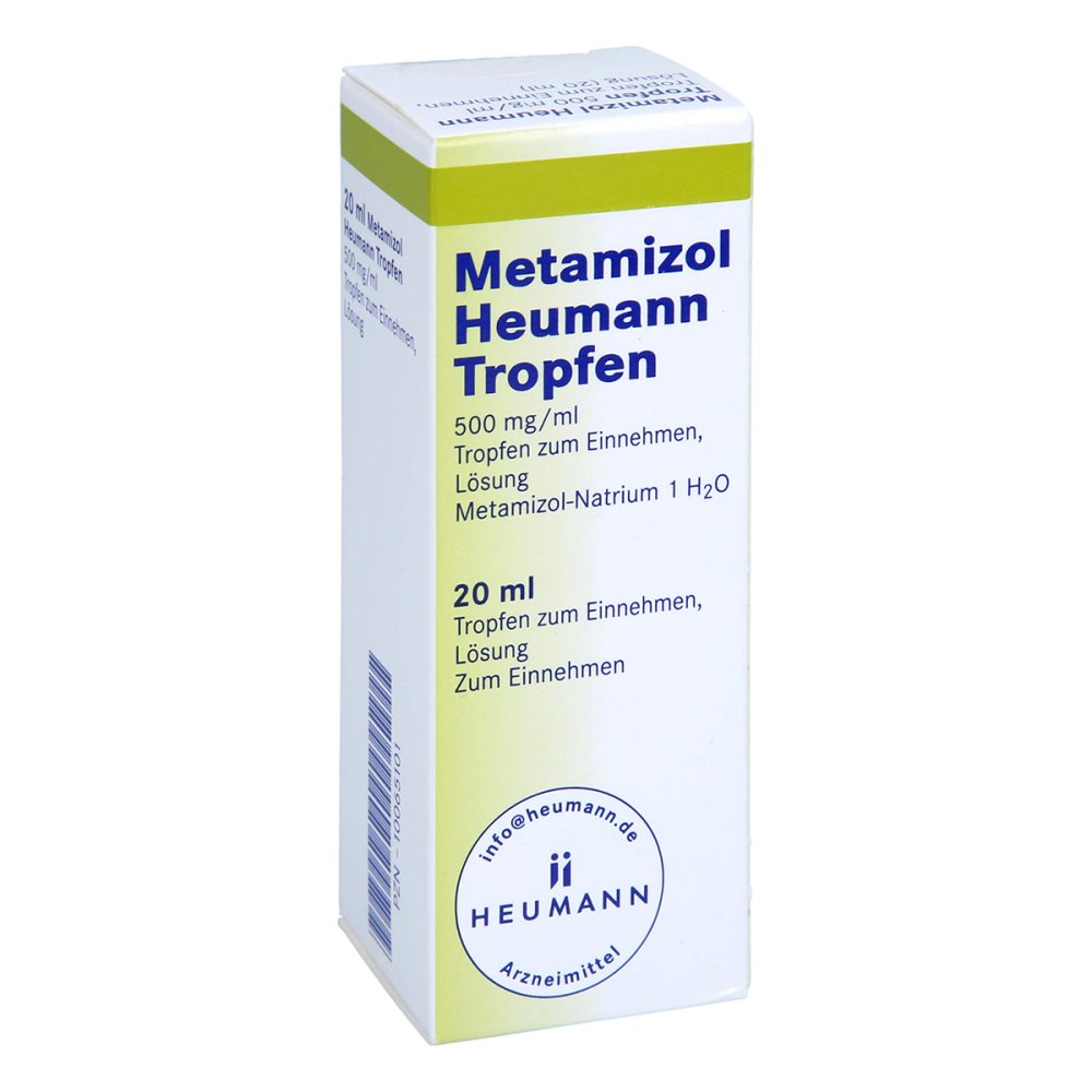Das Produktfoto zeigt Metamizol Heumann Tropfen 500 Mg/Ml (20 ml) PZN 10065101