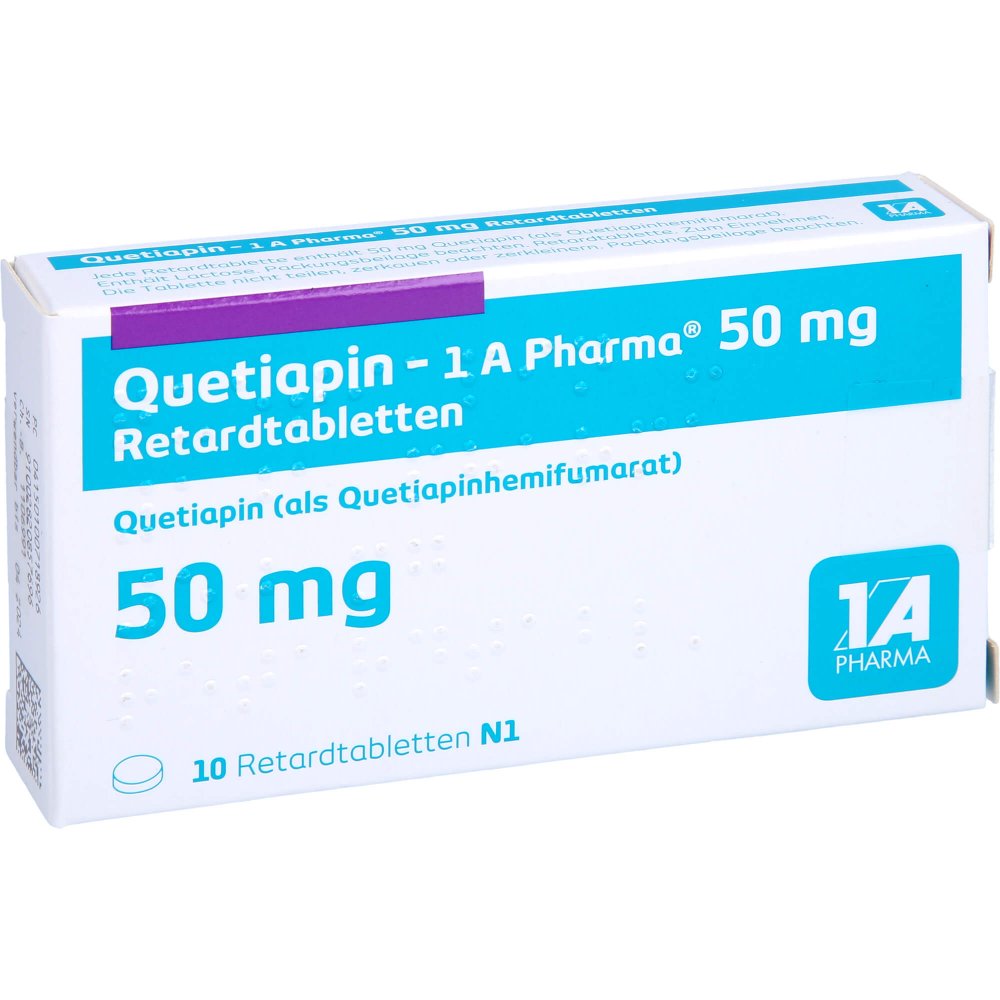 Das Produktfoto zeigt Quetiapin-1a Pharma 50 Mg Retardtabletten (10 stk) PZN 10071892