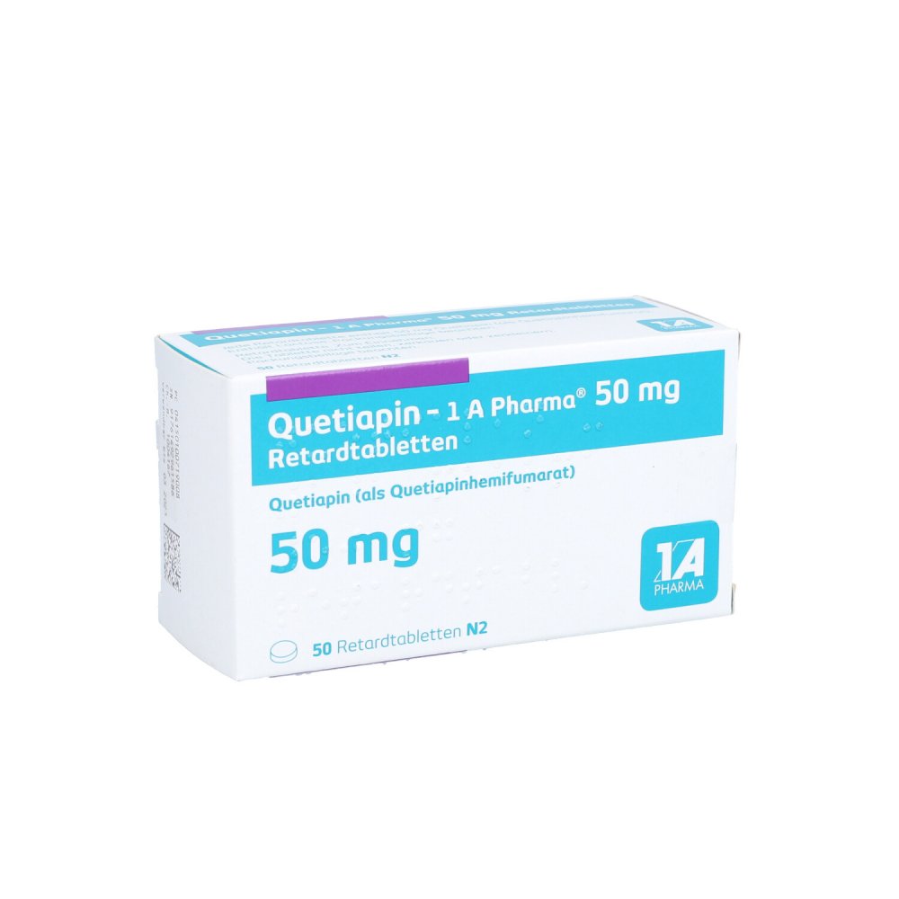 Das Produktfoto zeigt Quetiapin-1a Pharma 50 Mg Retardtabletten (50 stk) PZN 10071900
