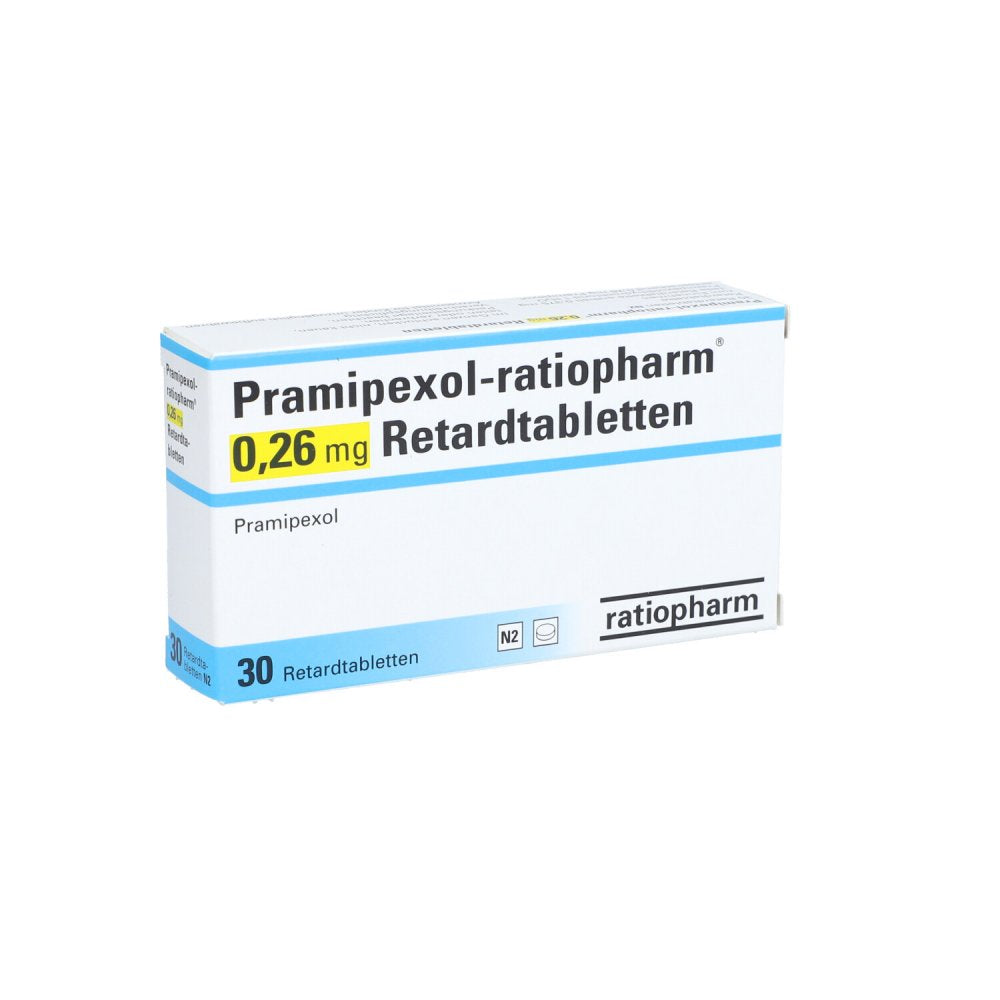Das Produktfoto zeigt Pramipexol-Ratiopharm 0,26 Mg Retardtabletten (30 stk) PZN 10072147