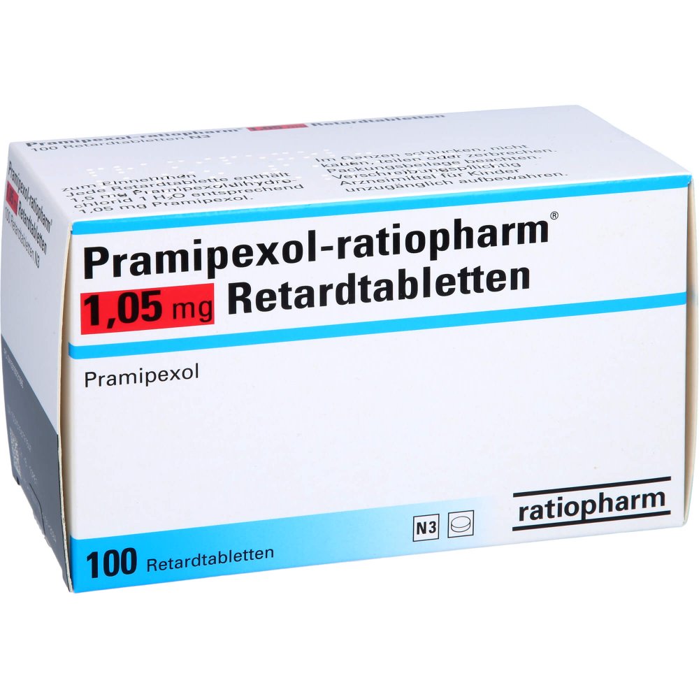 Das Produktfoto zeigt Pramipexol-Ratiopharm 1,05 Mg Retardtabletten (100 stk) PZN 10072199