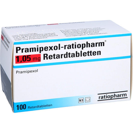Das Produktfoto zeigt Pramipexol-Ratiopharm 1,05 Mg Retardtabletten (100 stk) PZN 10072199