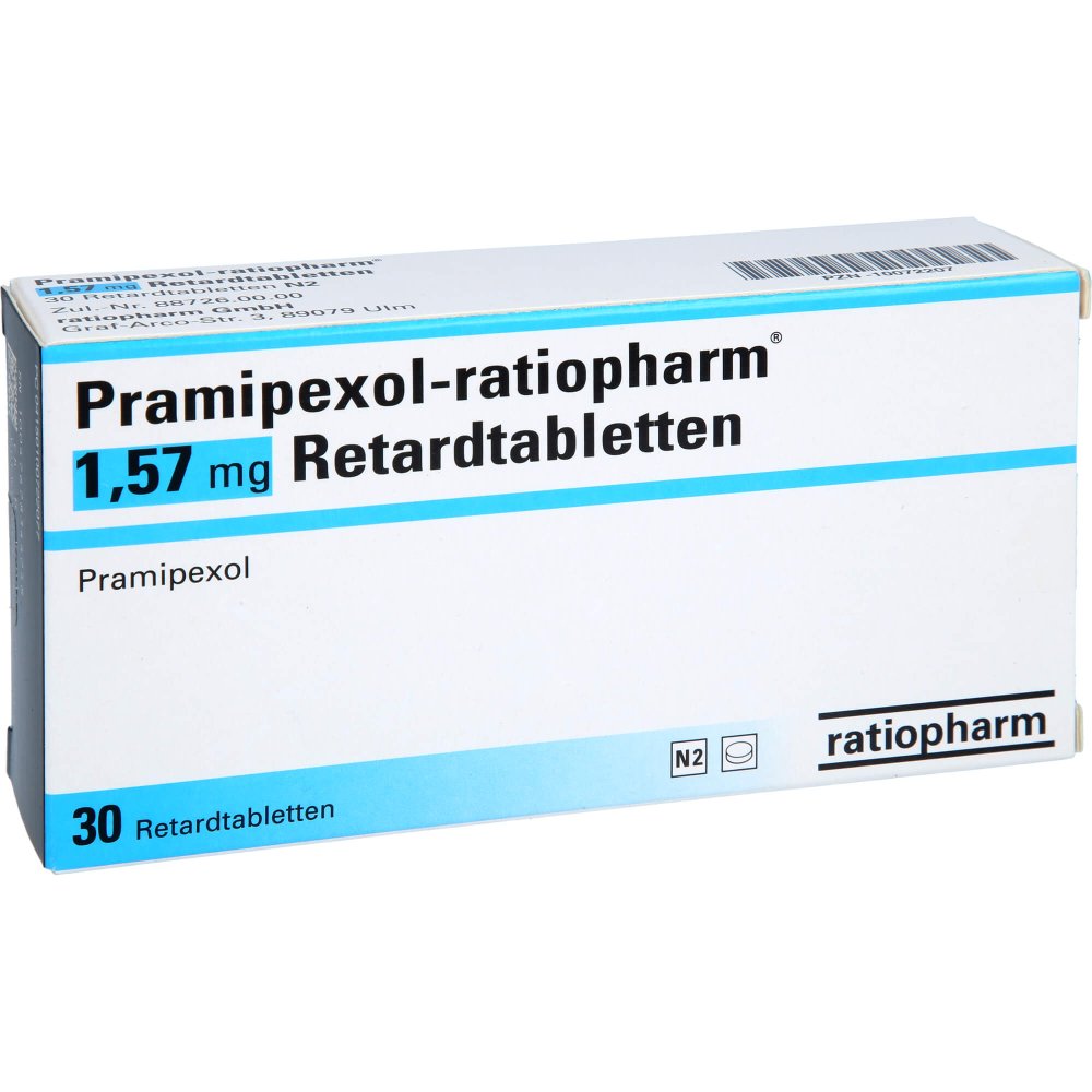 Das Produktfoto zeigt Pramipexol-Ratiopharm 1,57 Mg Retardtabletten (30 stk) PZN 10072207