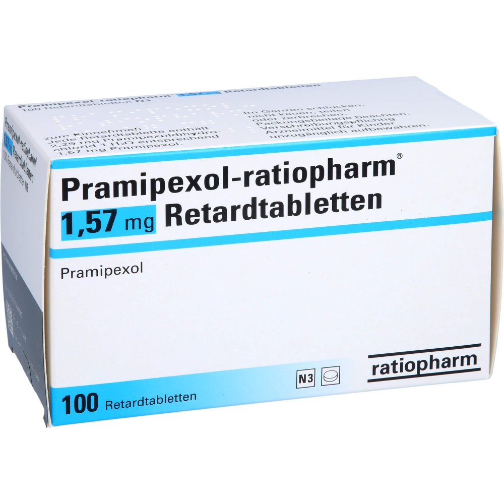 Das Produktfoto zeigt Pramipexol-Ratiopharm 1,57 Mg Retardtabletten (100 stk) PZN 10072213