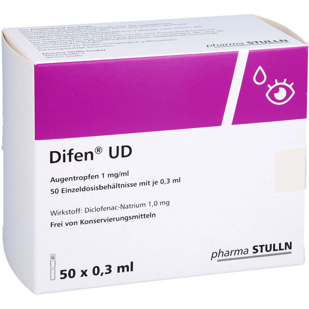 Das Produktfoto zeigt Difen Ud 1 Mg/Ml Augentropfen I.Einzeldosisbeh. (50X0.3 ml) PZN 10079103