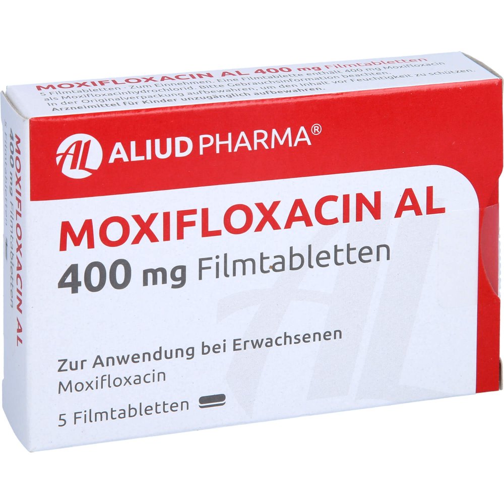 Das Produktfoto zeigt Moxifloxacin Al 400 Mg Filmtabletten (5 stk) PZN 10080075