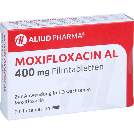 Das Produktfoto zeigt Moxifloxacin Al 400 Mg Filmtabletten (7 stk) PZN 10080106