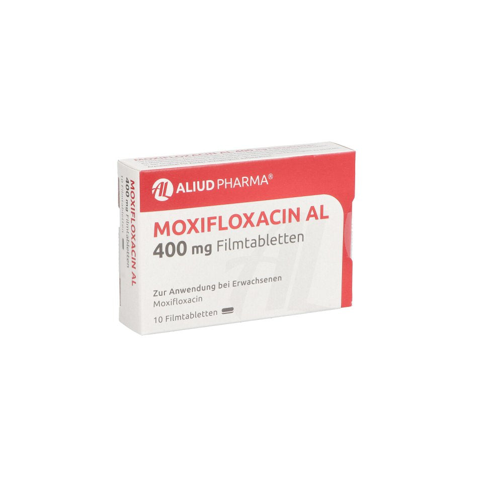 Das Produktfoto zeigt Moxifloxacin Al 400 Mg Filmtabletten (10 stk) PZN 10080112