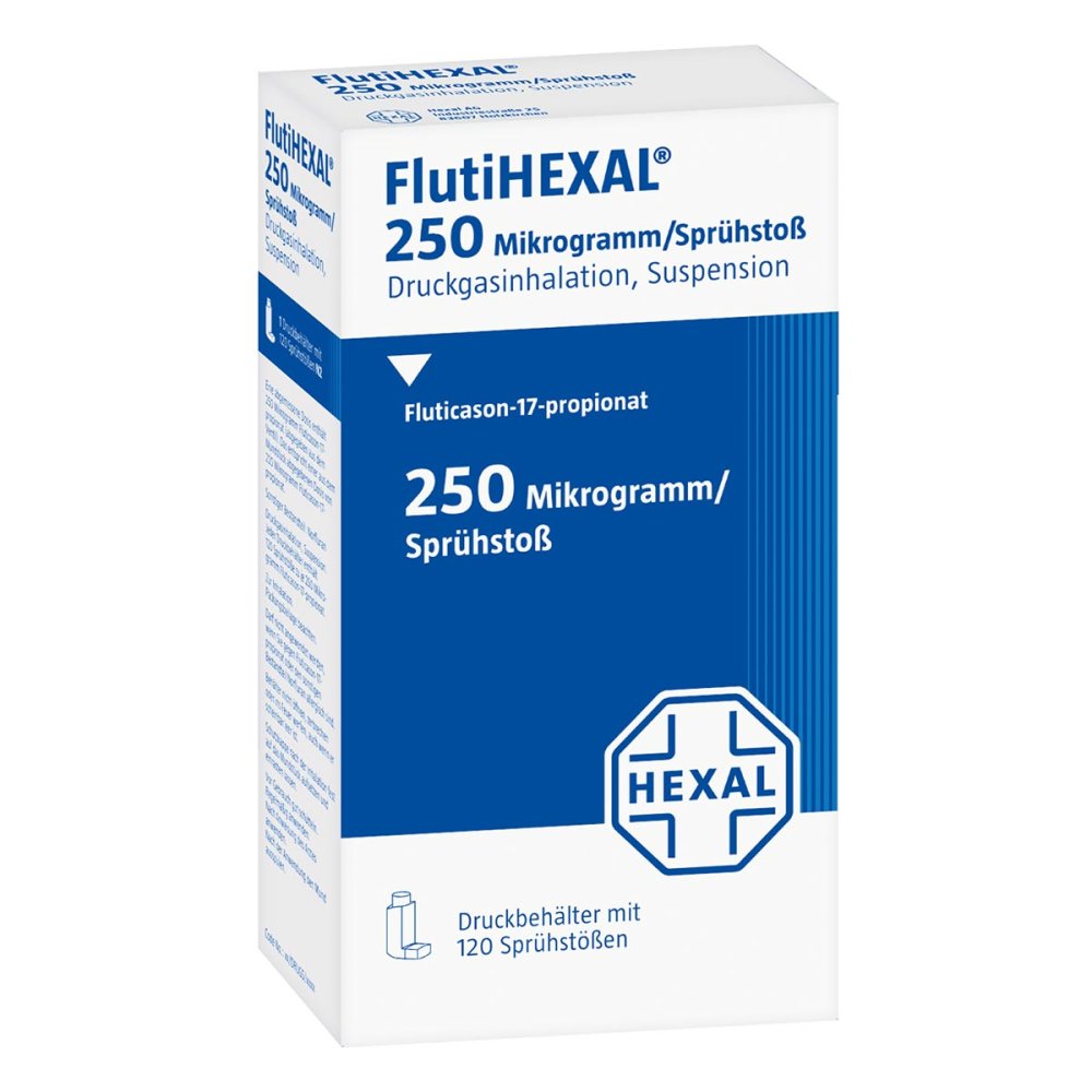 Das Produktfoto zeigt Flutihexal 250 Μg/Sprühstoß Dosieraerosol 120 Hub (1 stk) PZN 10099005
