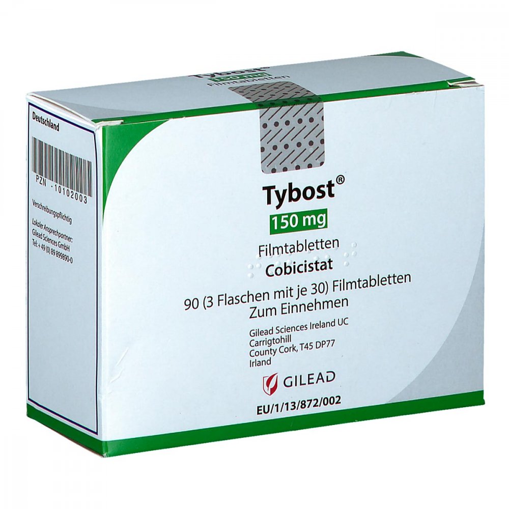 Das Produktfoto zeigt Tybost 150 Mg Filmtabletten (3X30 stk) PZN 10102003