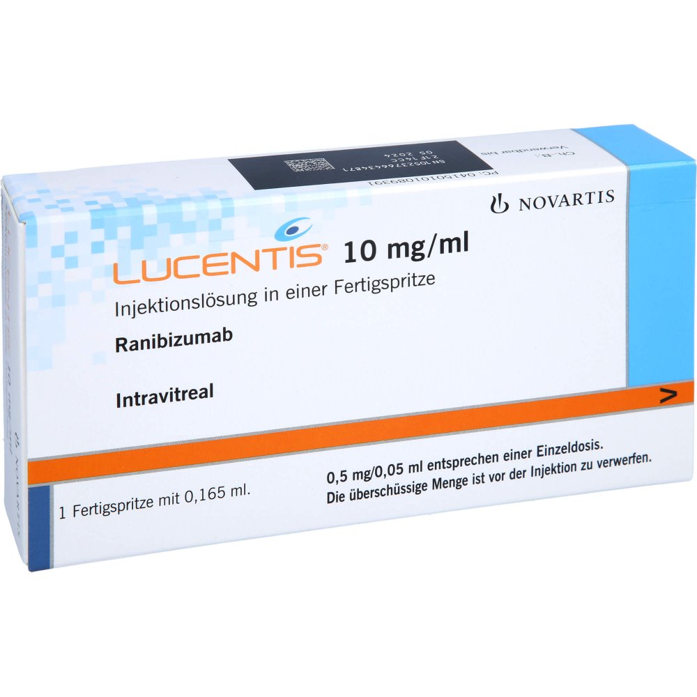 Das Produktfoto zeigt Lucentis 10 Mg/Ml Injekt.-Lsg.1,65mg Fertigspr. (1 stk) PZN 10108939
