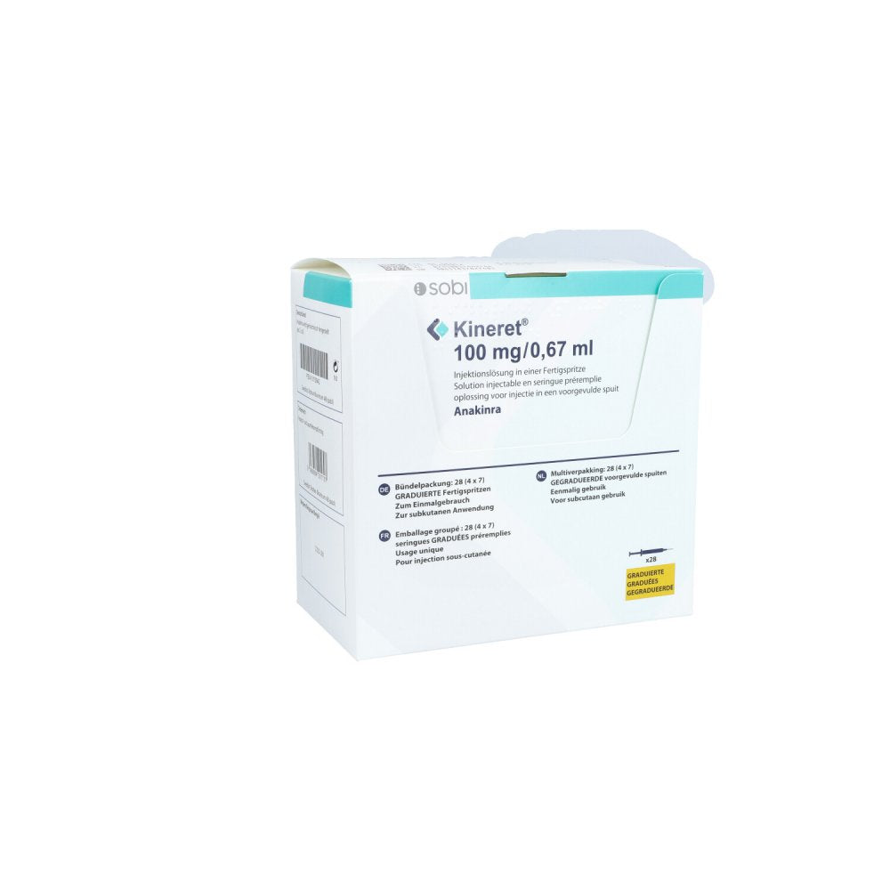 Das Produktfoto zeigt Kineret 100mg/0,67ml Inj.-Lsg.Graduiert.Fertigspr. (28 stk) PZN 10110942